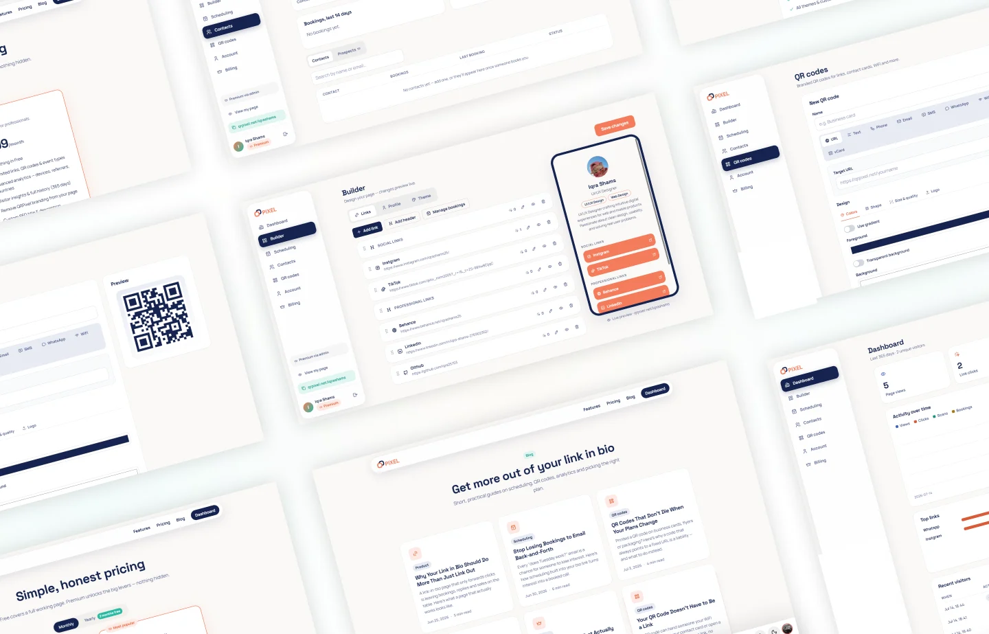 QRPixel dashboard screens — page builder, QR code designer, contacts, bookings and analytics