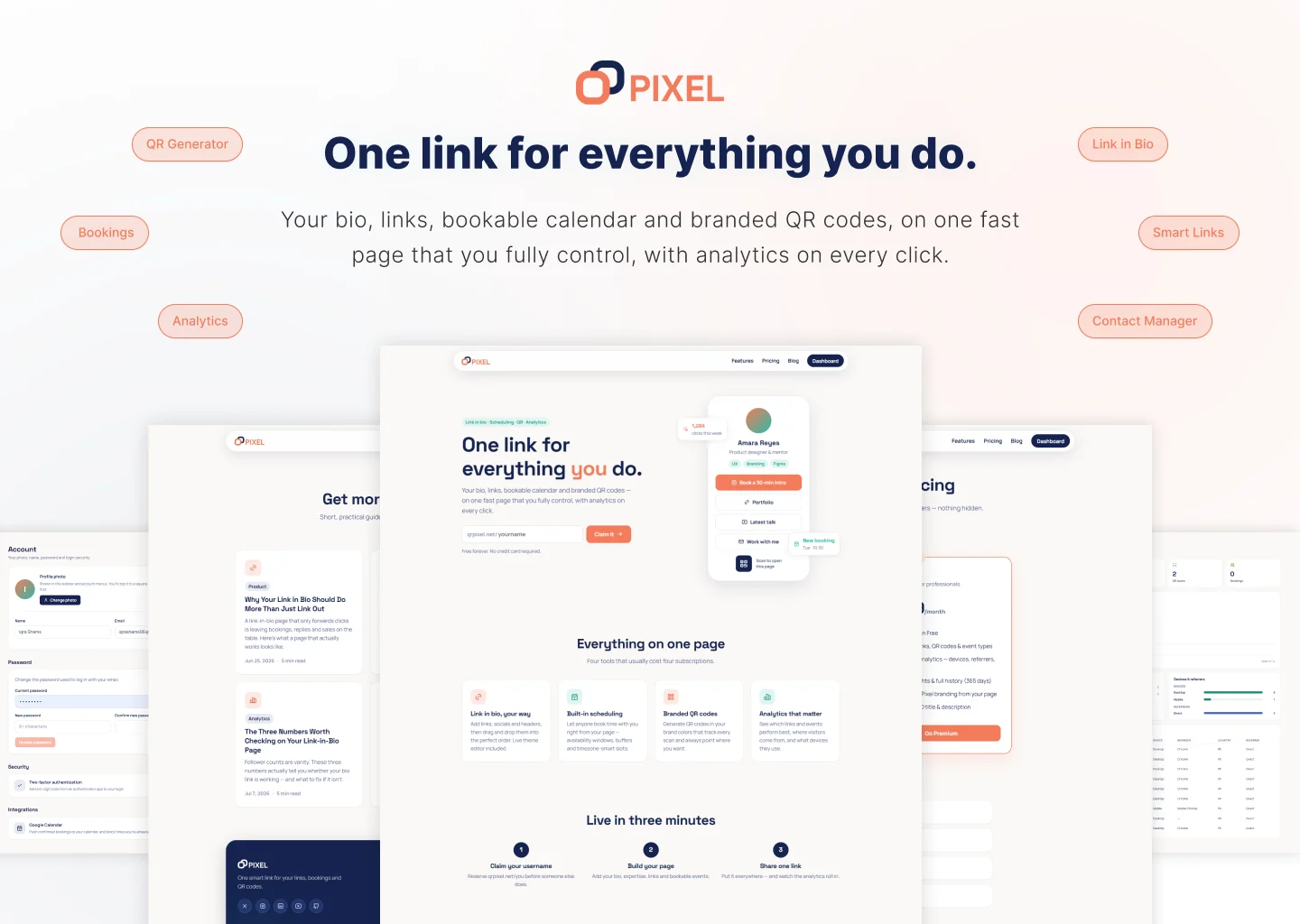 QRPixel product overview — link-in-bio page, booking, branded QR codes and analytics