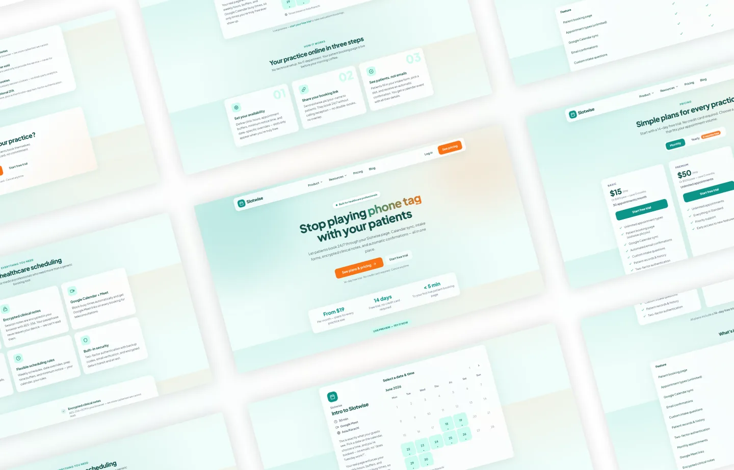Slotwise screens — hero, pricing plans, booking calendar, and how it works