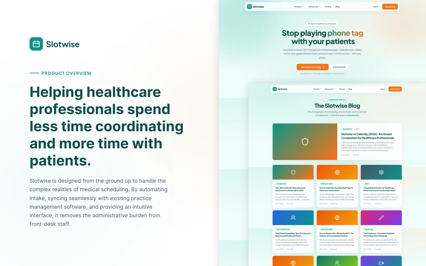 Slotwise product overview — patient booking site and blog