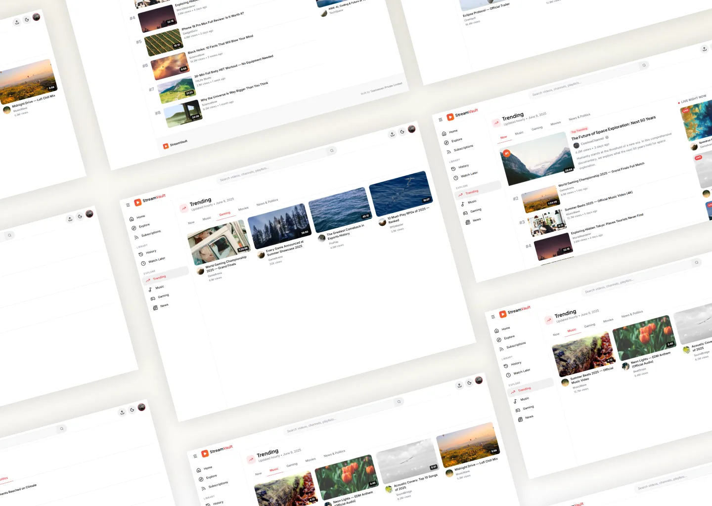 StreamVault home feed with trending and live sections