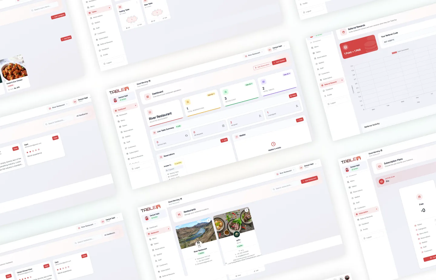 TableTap dashboard screens — live tables, reservations, referral rewards, and subscriptions